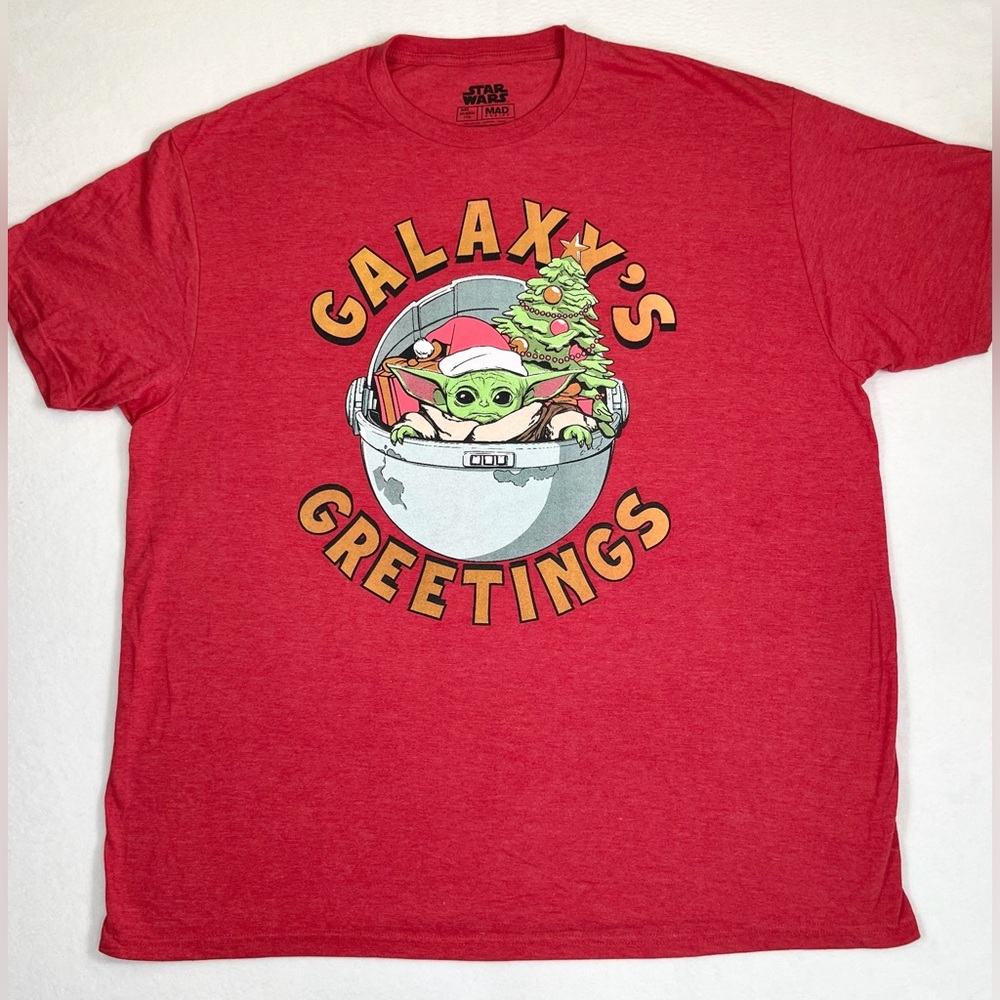 MAD ENGINE STAR WARS Galaxy's Greetings Mandalorian Grogu Xmas T-Shirt Size 3X